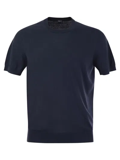 Fedeli Garment-dyed Black Crew-neck T-shirt In Organic Cotton In Blue
