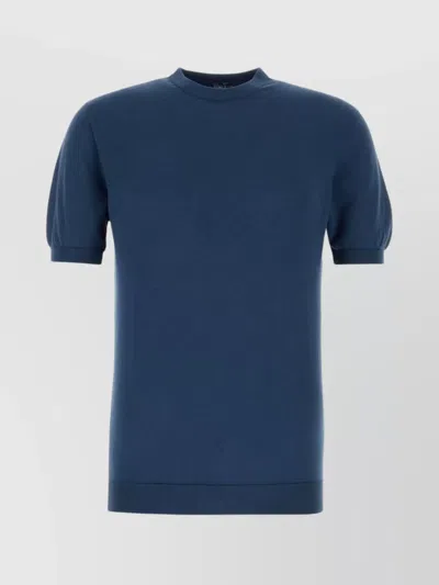 Fedeli Crew Neck Cotton Sweater With Short Sleeves In Blue