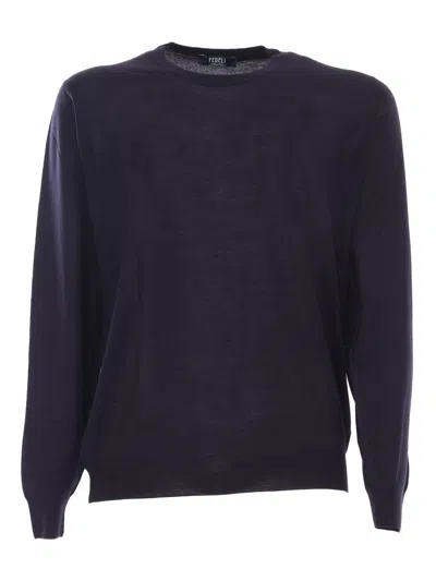 Fedeli Crew-neck L/s Knitted Sweater Man In Blue