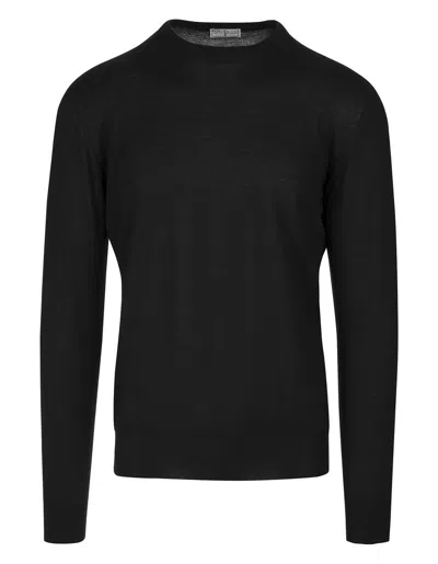 Fedeli Night Blue Cashmere Crew Neck Pullover In Black