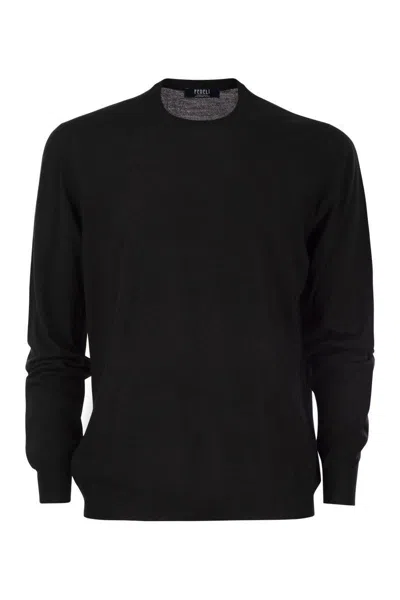 Fedeli Crew-neck Sweater In Superfine Virgin Wool In Black