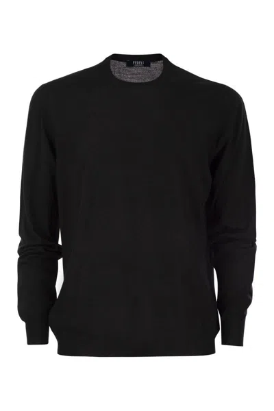 Fedeli Crew-neck Jumper In Superfine Virgin Wool In Black