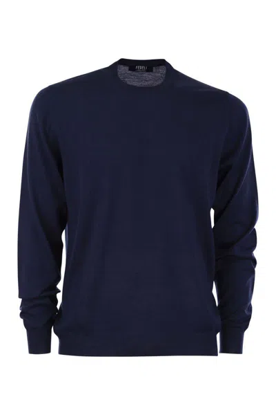 Fedeli Crew-neck Sweater In Superfine Virgin Wool In Blue