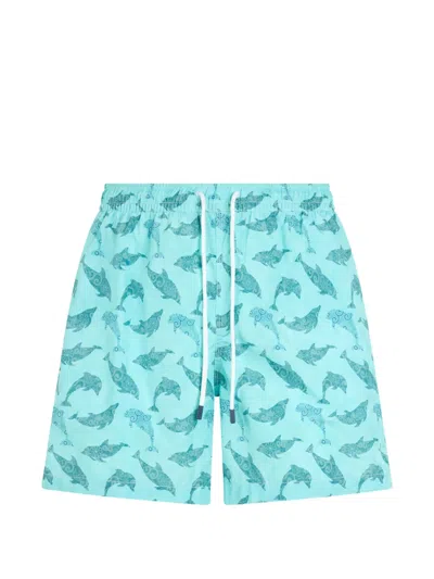 Fedeli Dolphin-print Drawstring Swim Shorts In Blue
