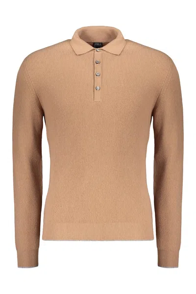 Fedeli Elegant Beige Sweater With Polo Collar Silk-knit Polo Shirt In Brown