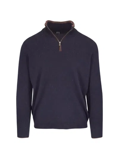 Fedeli Favonio Speckled Half-zip Sweater In Blue