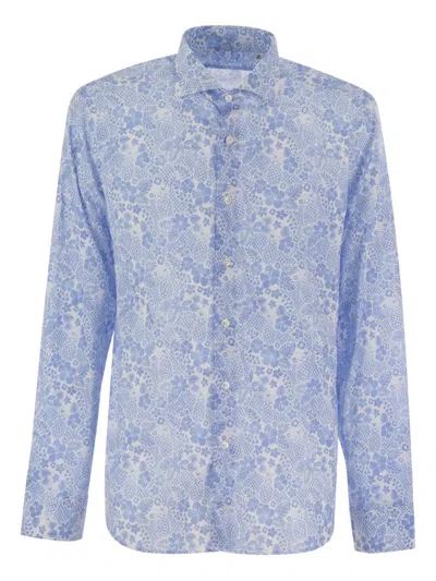 Fedeli Printed Stretch Cotton Voile Shirt In Blue