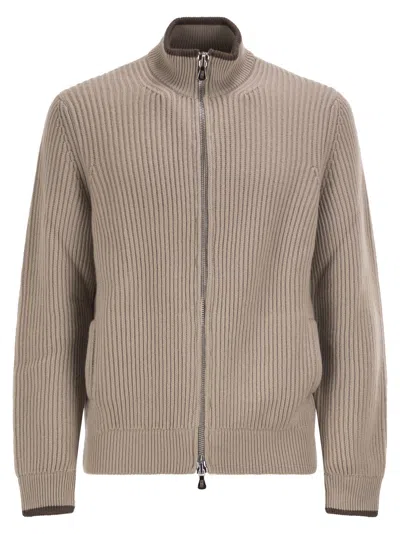 Fedeli Full-zip Cashmere Rib-knit Cardigan In Neutral