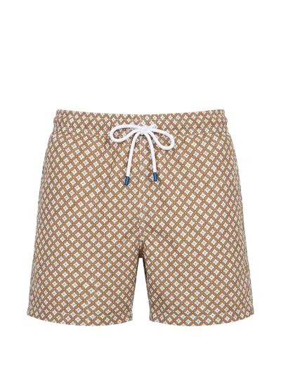 Fedeli Geometric-print Drawstring Swim Shorts In Brown