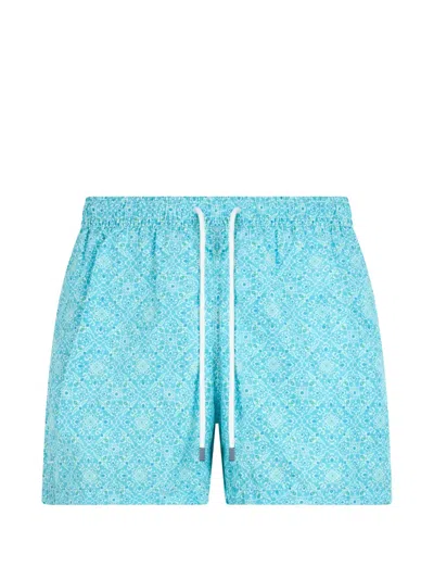 Fedeli Geometric-print Drawstring-waist Swim Shorts In Blue