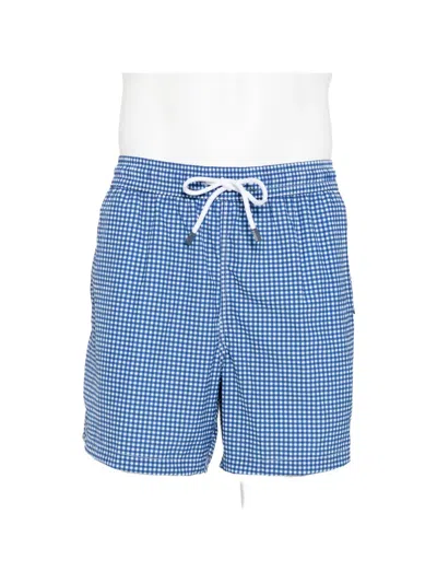 Fedeli Madeira Straight-leg Mid-length Gingham Seersucker Swim Shorts In Blue