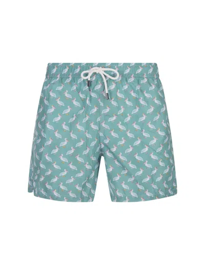 Fedeli Green Pink Swim Shorts With Pelican Pattern