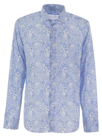 Fedeli Printed Stretch Cotton Voile Shirt In Light Blue