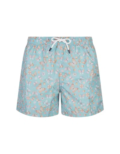 Fedeli Light Blue Swim Shorts With Butterfly Print