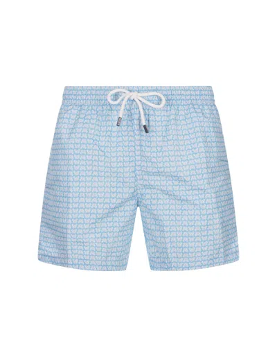Fedeli Light Blue Swim Shorts With Tropical Pattern