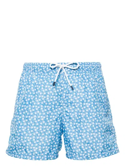 Fedeli Light Blue Swim Shorts With Micro Daisy Pattern