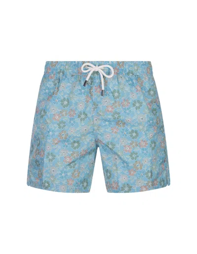 Fedeli Light Blue Swim Shorts With Multicoloured Flower Pattern
