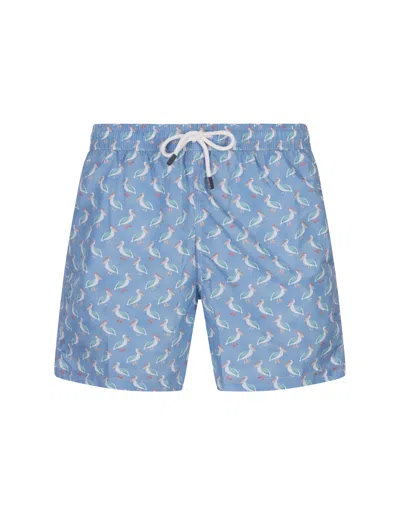 Fedeli Light Blue Swim Shorts With Pelican Pattern