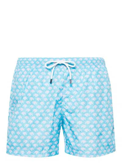 Fedeli Light Blue Swim Shorts With Pink Fish Pattern