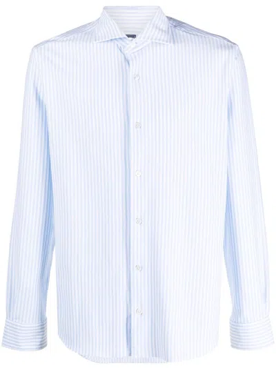 Fedeli White And Blue Cotton Blend Shirt In Rigata
