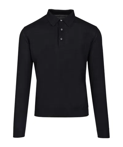 Fedeli Long-sleeve Polo Sweater In Black