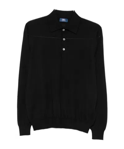 Fedeli Long-sleeve Polo Sweater In Black