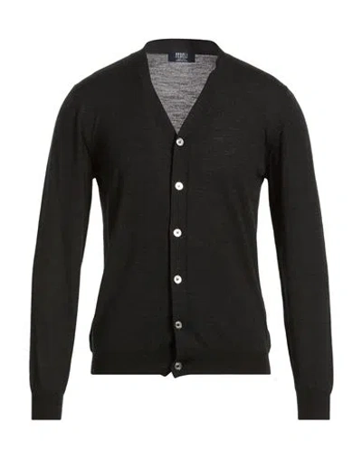 Fedeli Man Cardigan Charcoal Size 44 Super 140s Wool In Black