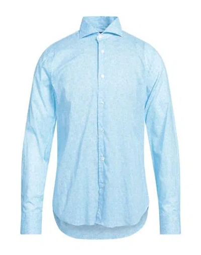 Fedeli Man Shirt Azure Size 15 Cotton, Elastane In Blue
