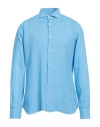 Fedeli Man Shirt Turquoise Size 17 Linen In Blue