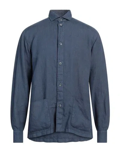 Fedeli Man Shirt Slate Blue Size 40 Linen