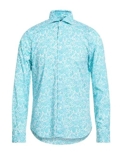 Fedeli Man Shirt Turquoise Size 16 Cotton, Elastane In Blue