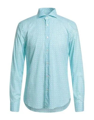 Fedeli Man Shirt Turquoise Size 16 Cotton, Elastane In Blue
