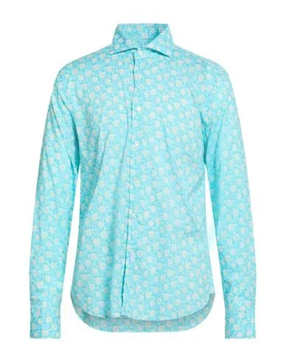 Fedeli Man Shirt Turquoise Size 17 ½ Cotton, Elastane In Blue