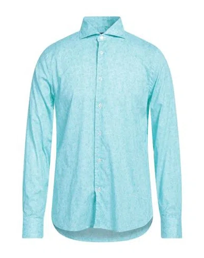Fedeli Man Shirt Turquoise Size 17 ½ Cotton, Elastane In Blue