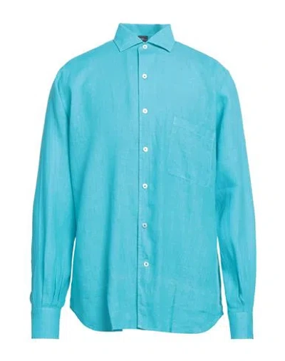 Fedeli Man Shirt Turquoise Size 17 Linen In Blue
