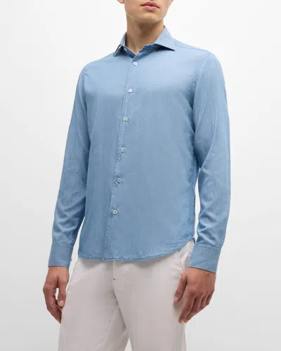 Fedeli Men's Sean Chambray Casual Button-down Shirt In Light Wash Blue