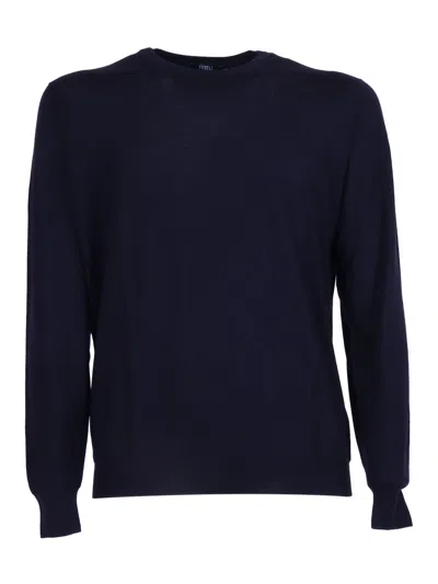 Fedeli Navy Wool Crew Neck Sweater In Blue