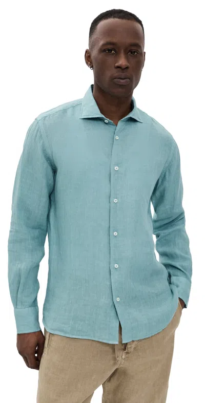 Fedeli Nick Linen Button Down Shirt Teal In Blue