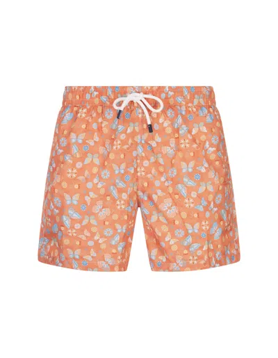 Fedeli Orange Swim Shorts With Butterfly Print