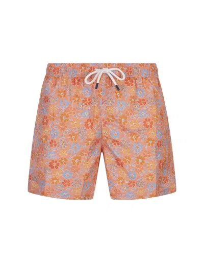 Fedeli Orange Swim Shorts With Multicoloured Flower Pattern
