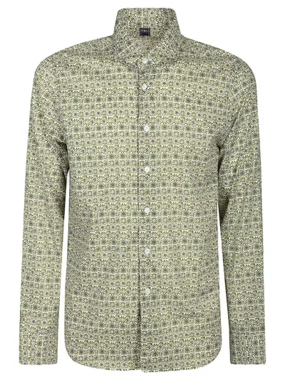 Fedeli Patterned Piqué Cotton Slim Fit Shirt With Italian Collar In Green