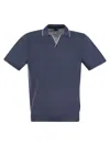 Fedeli Polo Shirt With Open Collar In Linen And Cotton In Avio