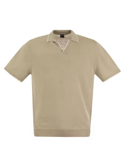 Fedeli Polo Shirt With Open Collar In Linen And Cotton In Beige