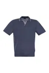 Fedeli Polo Shirt With Open Collar In Linen And Cotton In Avio