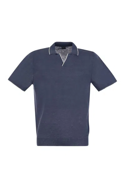 Fedeli Polo Shirt With Open Collar In Linen And Cotton In Avio
