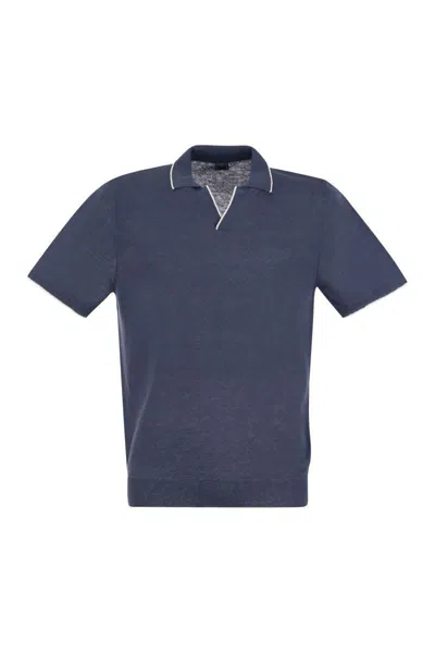 Fedeli Polo Shirt With Open Collar In Linen And Cotton In Blue