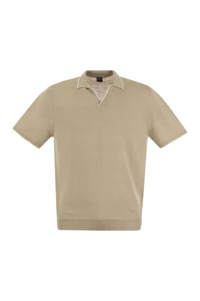 Fedeli Polo Shirt With Open Collar In Linen And Cotton In Beige