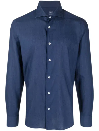 Fedeli Poplin Long-sleeve Shirt In Blau