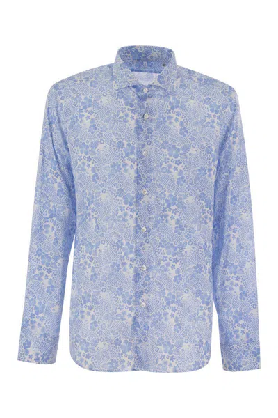 Fedeli Printed Stretch Cotton Voile Shirt In Light Blue