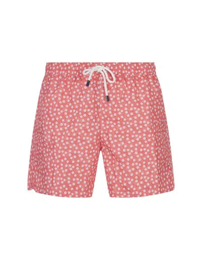 Fedeli Red Swim Shorts With Micro Daisy Pattern In Pink